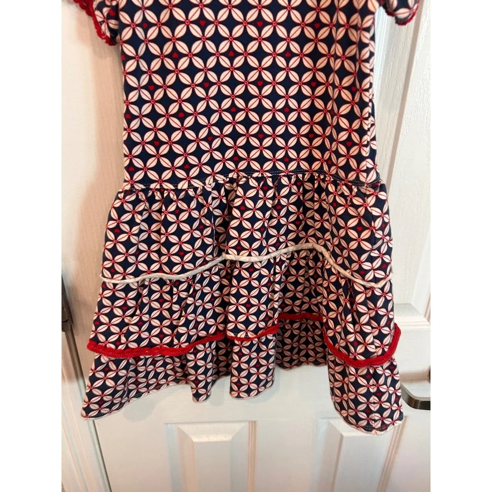 Mim-Pi Dress Navy Red Geometric Floral Heart Tiered Ruffle Flutter Sleeve 110